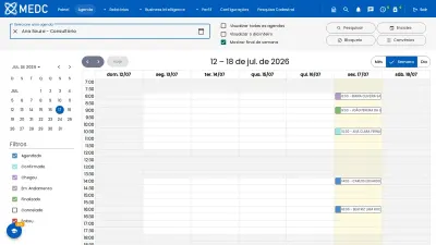 Agenda semanal do MEDC com consultas marcadas e filtros por status de agendamento