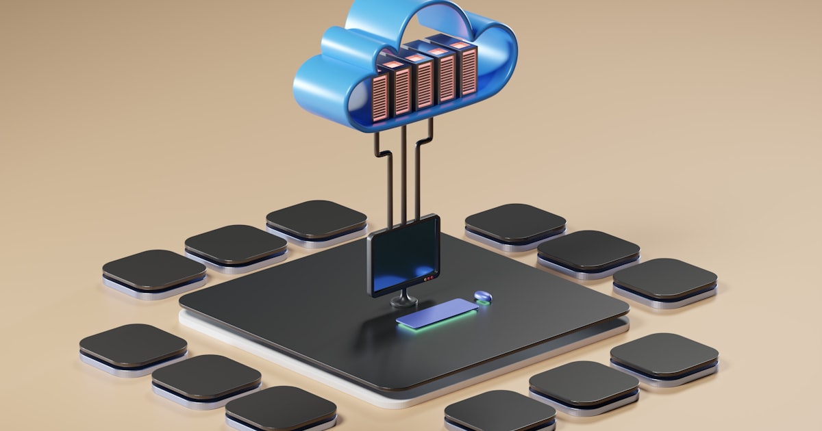 Ilustração de nuvem conectada a servidores e dispositivos, representando dados na nuvem
