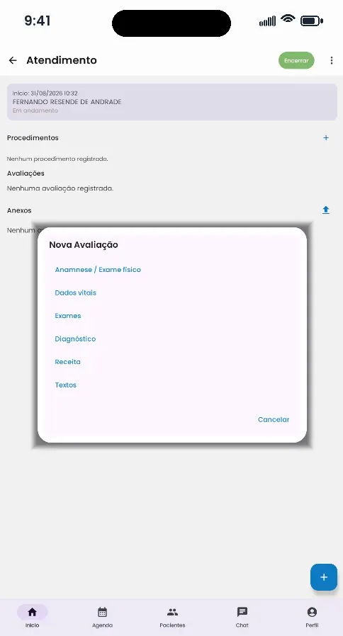 Menu Nova Avaliação do MEDC no celular, com as opções anamnese e exame físico, dados vitais, exames, diagnóstico, receita e textos